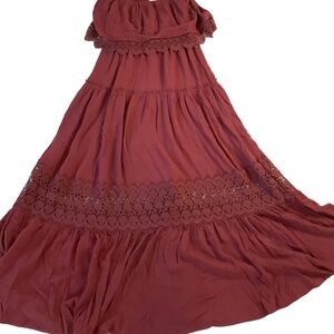 Justily Burgundy‎ Strapless Smocked Lace Ruffled Maxi Dress Medium